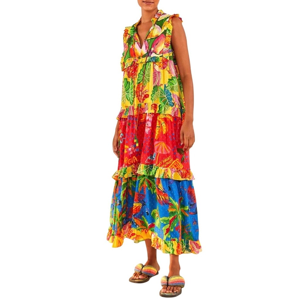 Farm Rio Mixed Tropical Prints Maxi Dress Large Sleeveless Ruffle Tiered